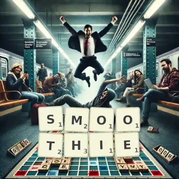 Illustration créative d'un jeu de lettres avec le mot SMOOTHIE épelé sur le plateau.