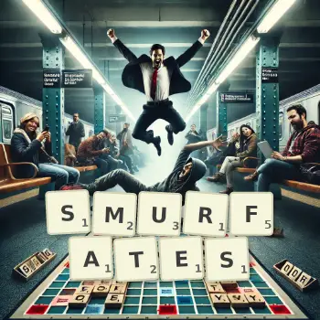 Illustration créative d'un jeu de lettres avec le mot SMURFATES épelé sur le plateau.