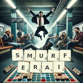 Illustration créative d'un jeu de lettres avec le mot SMURFERAI épelé sur le plateau.