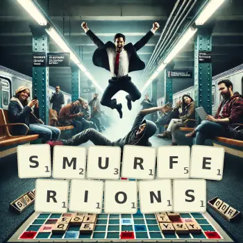 Illustration créative d'un jeu de lettres avec le mot SMURFERIONS épelé sur le plateau.