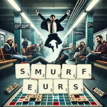 Illustration créative d'un jeu de lettres avec le mot SMURFEURS épelé sur le plateau.
