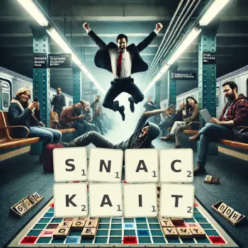 Illustration créative d'un jeu de lettres avec le mot SNACKAIT épelé sur le plateau.