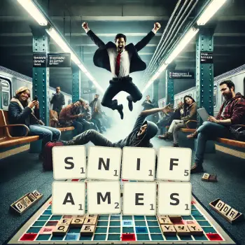 Illustration créative d'un jeu de lettres avec le mot SNIFAMES épelé sur le plateau.