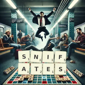 Illustration créative d'un jeu de lettres avec le mot SNIFATES épelé sur le plateau.
