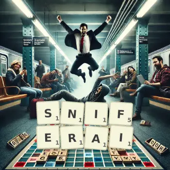 Illustration créative d'un jeu de lettres avec le mot SNIFERAI épelé sur le plateau.