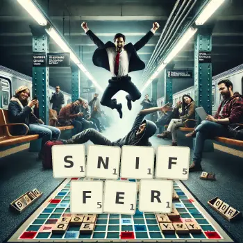 Illustration créative d'un jeu de lettres avec le mot SNIFFER épelé sur le plateau.