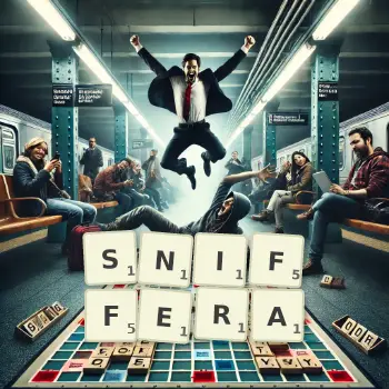 Illustration créative d'un jeu de lettres avec le mot SNIFFERA épelé sur le plateau.