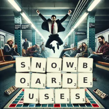 Illustration créative d'un jeu de lettres avec le mot SNOWBOARDEUSES épelé sur le plateau.