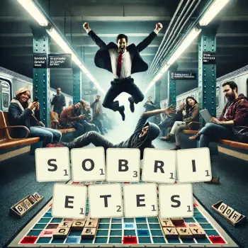Illustration créative d'un jeu de lettres avec le mot SOBRIETES épelé sur le plateau.