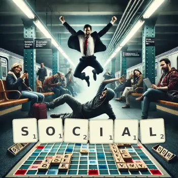 Illustration créative d'un jeu de lettres avec le mot SOCIAL épelé sur le plateau.