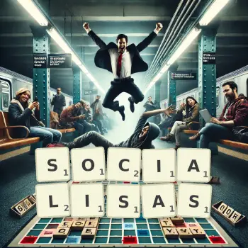 Illustration créative d'un jeu de lettres avec le mot SOCIALISAS épelé sur le plateau.