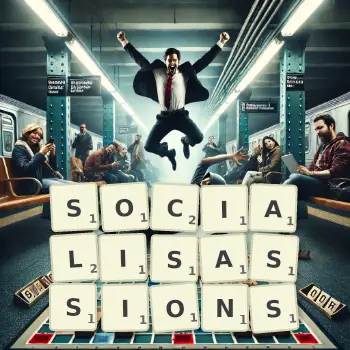 Illustration créative d'un jeu de lettres avec le mot SOCIALISASSIONS épelé sur le plateau.