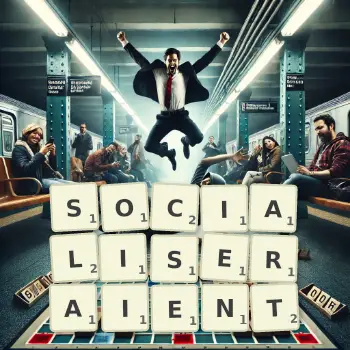 Illustration créative d'un jeu de lettres avec le mot SOCIALISERAIENT épelé sur le plateau.