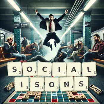Illustration créative d'un jeu de lettres avec le mot SOCIALISONS épelé sur le plateau.