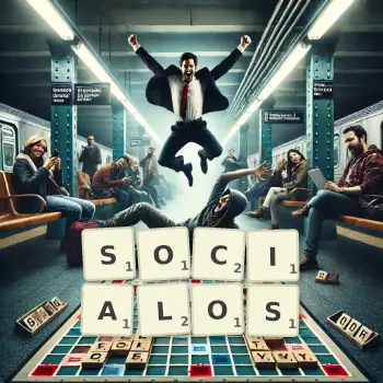 Illustration créative d'un jeu de lettres avec le mot SOCIALOS épelé sur le plateau.