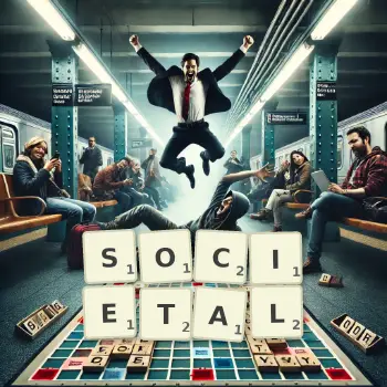 Illustration créative d'un jeu de lettres avec le mot SOCIETAL épelé sur le plateau.