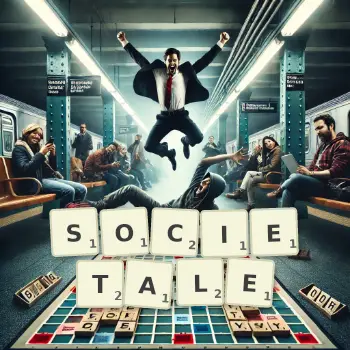 Illustration créative d'un jeu de lettres avec le mot SOCIETALE épelé sur le plateau.