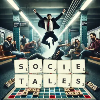 Illustration créative d'un jeu de lettres avec le mot SOCIETALES épelé sur le plateau.