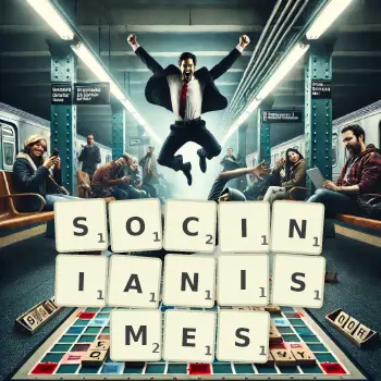 Illustration créative d'un jeu de lettres avec le mot SOCINIANISMES épelé sur le plateau.