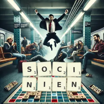 Illustration créative d'un jeu de lettres avec le mot SOCINIEN épelé sur le plateau.