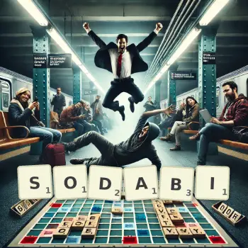Illustration créative d'un jeu de lettres avec le mot SODABI épelé sur le plateau.