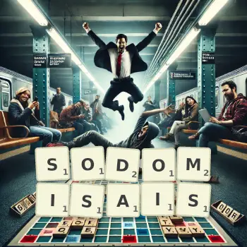 Illustration créative d'un jeu de lettres avec le mot SODOMISAIS épelé sur le plateau.