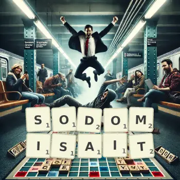 Illustration créative d'un jeu de lettres avec le mot SODOMISAIT épelé sur le plateau.