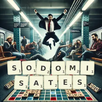Illustration créative d'un jeu de lettres avec le mot SODOMISATES épelé sur le plateau.