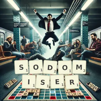 Illustration créative d'un jeu de lettres avec le mot SODOMISER épelé sur le plateau.