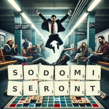 Illustration créative d'un jeu de lettres avec le mot SODOMISERONT épelé sur le plateau.