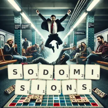 Illustration créative d'un jeu de lettres avec le mot SODOMISIONS épelé sur le plateau.