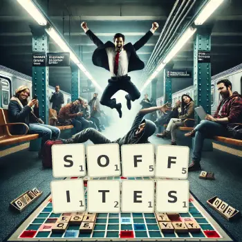 Illustration créative d'un jeu de lettres avec le mot SOFFITES épelé sur le plateau.