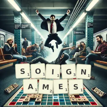 Illustration créative d'un jeu de lettres avec le mot SOIGNAMES épelé sur le plateau.