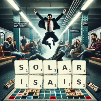 Illustration créative d'un jeu de lettres avec le mot SOLARISAIS épelé sur le plateau.