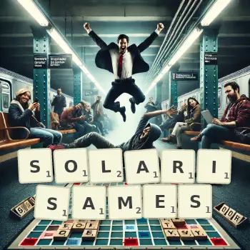 Illustration créative d'un jeu de lettres avec le mot SOLARISAMES épelé sur le plateau.