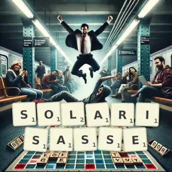 Illustration créative d'un jeu de lettres avec le mot SOLARISASSE épelé sur le plateau.
