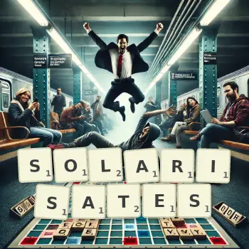 Illustration créative d'un jeu de lettres avec le mot SOLARISATES épelé sur le plateau.