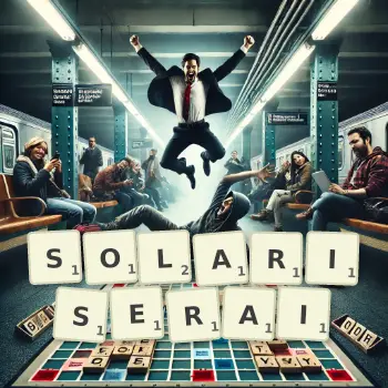 Illustration créative d'un jeu de lettres avec le mot SOLARISERAI épelé sur le plateau.