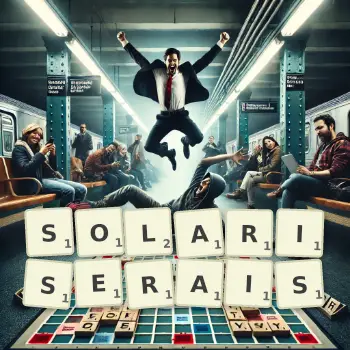 Illustration créative d'un jeu de lettres avec le mot SOLARISERAIS épelé sur le plateau.