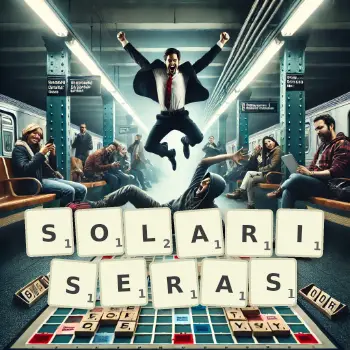 Illustration créative d'un jeu de lettres avec le mot SOLARISERAS épelé sur le plateau.