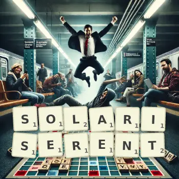 Illustration créative d'un jeu de lettres avec le mot SOLARISERENT épelé sur le plateau.