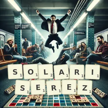 Illustration créative d'un jeu de lettres avec le mot SOLARISEREZ épelé sur le plateau.