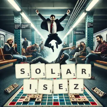 Illustration créative d'un jeu de lettres avec le mot SOLARISEZ épelé sur le plateau.