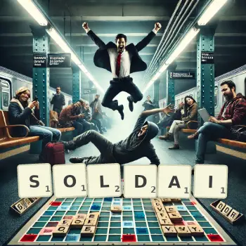 Illustration créative d'un jeu de lettres avec le mot SOLDAI épelé sur le plateau.