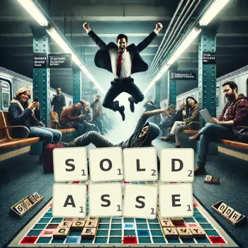 Illustration créative d'un jeu de lettres avec le mot SOLDASSE épelé sur le plateau.