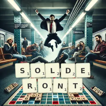 Illustration créative d'un jeu de lettres avec le mot SOLDERONT épelé sur le plateau.