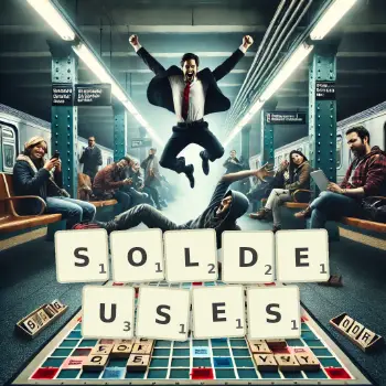 Illustration créative d'un jeu de lettres avec le mot SOLDEUSES épelé sur le plateau.