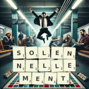 Illustration créative d'un jeu de lettres avec le mot SOLENNELLEMENT épelé sur le plateau.