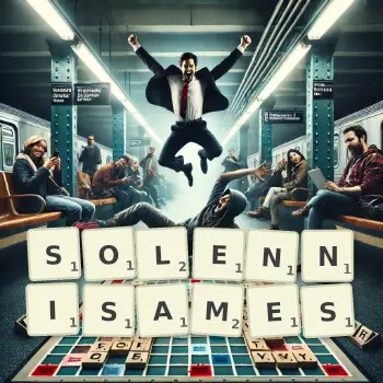 Illustration créative d'un jeu de lettres avec le mot SOLENNISAMES épelé sur le plateau.