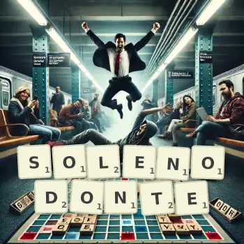 Illustration créative d'un jeu de lettres avec le mot SOLENODONTE épelé sur le plateau.